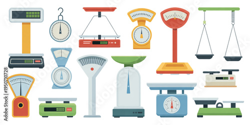 A colorful illustration of various scales and balances on transparent background