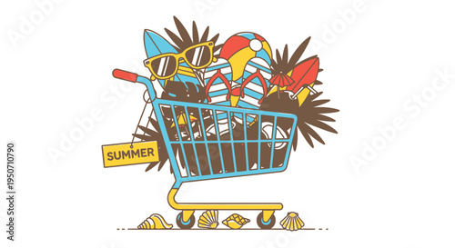 Vector shopping cart icon with summer items