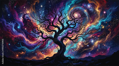 A solitary, ancient tree silhouette stands against a vibrant, swirling cosmic nebula filled with brilliant stars and colors.