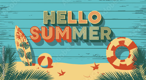 Hello Summer beach scene vector illustration