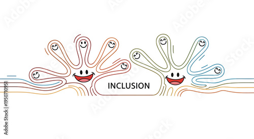 Vector illustration of diverse hands with smiley faces for inclusion and diversity concepts