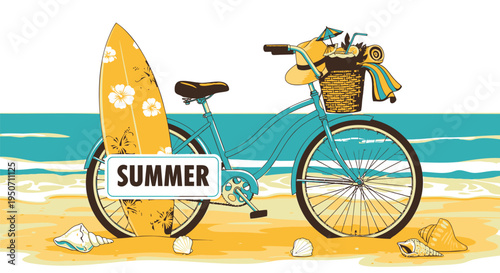 Vector summer beach scene with bicycle and surfboard