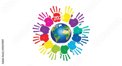Vector illustration of globe surrounded by colorful hand prints
