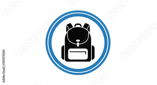 Icon of a black backpack within a blue circle on a white background.
