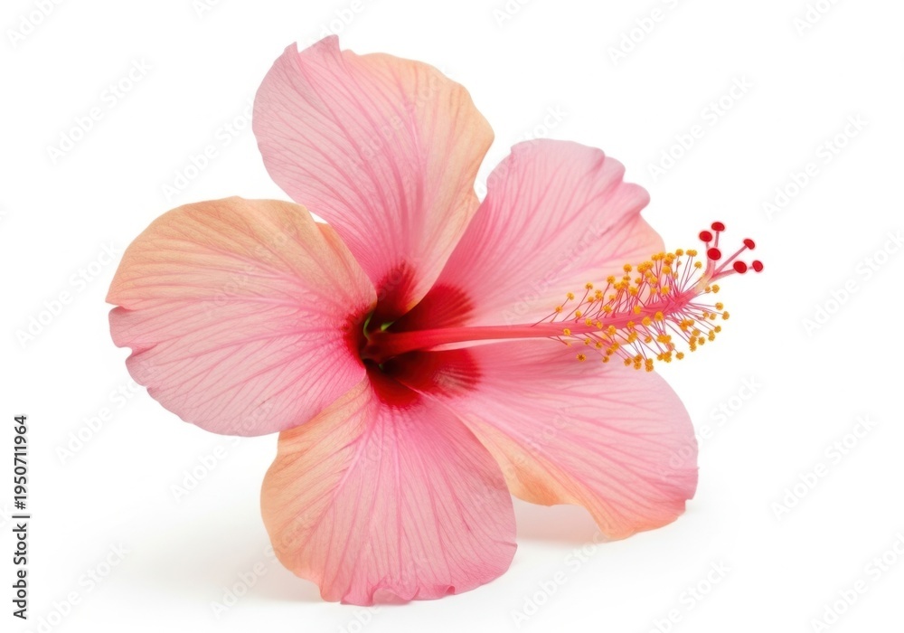 Fototapeta premium Pink hibiscus flower isolated on white background with delicate petals and stamens