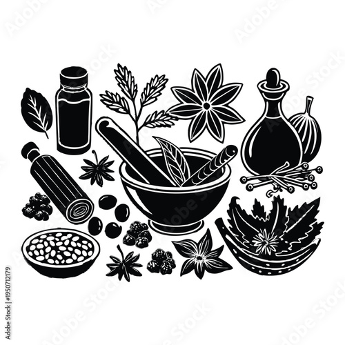 Cooking ingredients silhouettes spice herb collection