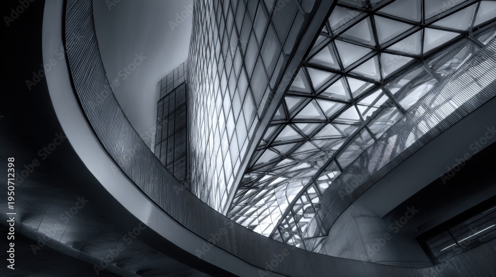 Fototapeta premium Curved glass atrium framing skyscraper in urban interior