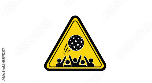 Graphic illustration of a yellow warning sign with a black border and white background depicting people under a falling object.