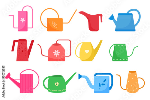 Colorful set of watering can icons in flat vector style. Collection of garden watering containers for plant care, gardening tools and irrigation equipment isolated on light background.