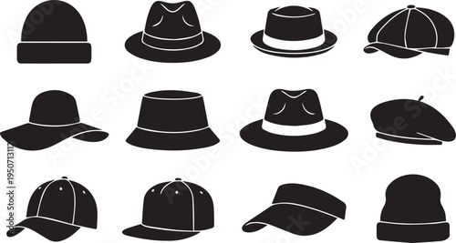 Classic Headwear Caps and Sun Hats Vector Silhouettes