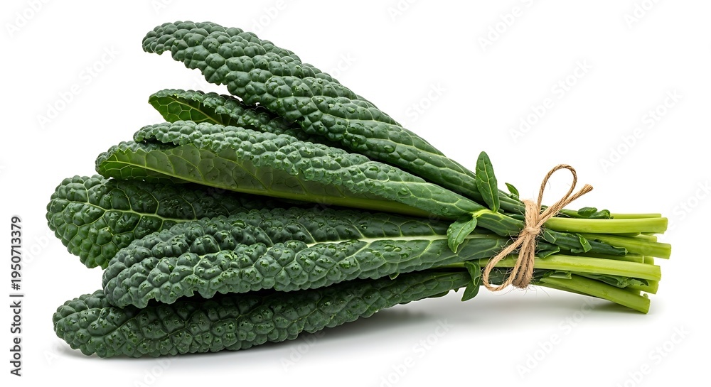 Obraz premium Fresh bunch of dark green lacinato kale also known as dinosaur kale tied with natural twine on a clean white studio background showcasing its textured bumpy leaves and healthy
