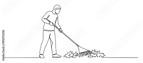 person raking leaves line illustration