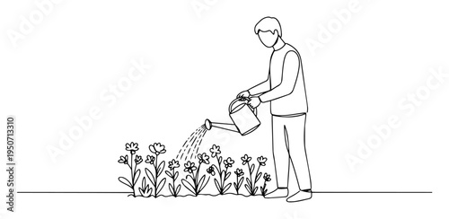 man watering flowers vector line art