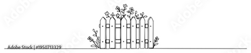 wooden fence with flowers line drawing