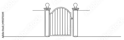 garden gate with pillars line illustration