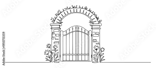 decorative garden gate with arch line drawing