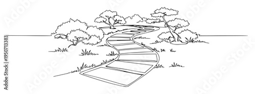 garden stone path with trees line drawing