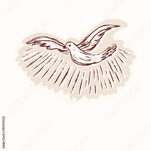 With blessings first baptism card with holy spirit dove motif. Hand drawn vector icon isoalted flat on plain editable background. Christian bible stydy sticker, pentecost, baptise religious greeting