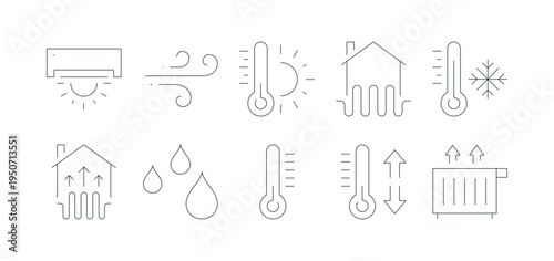 Collection of house heating system symbols including radiator, thermostat and water drops. Bundle of home heating pictograms drawn contour lines on white background. Monochrome vector illustration.
