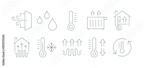Collection of house heating system symbols including radiator, thermostat and water drops. Bundle of home heating pictograms drawn contour lines on white background. Monochrome vector illustration.