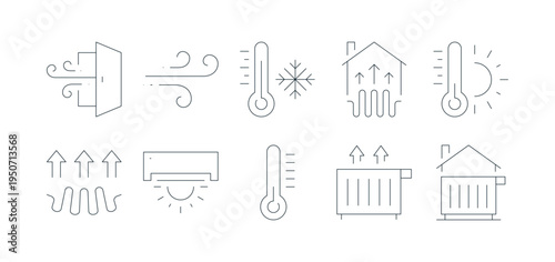 Collection of house heating system symbols including radiator, thermostat and water drops. Bundle of home heating pictograms drawn contour lines on white background. Monochrome vector illustration.