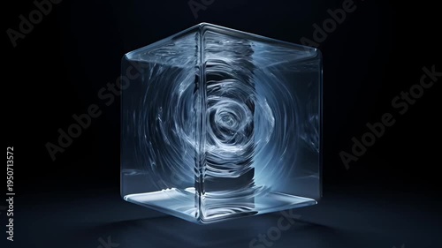 Abstract Water Swirl Inside Transparent Cube with Dark Background