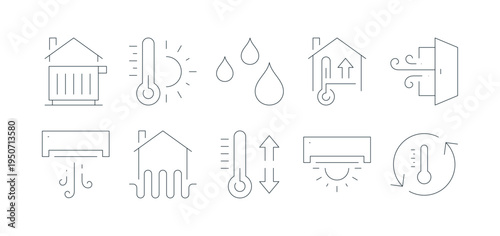 Collection of house heating system symbols including radiator, thermostat and water drops. Bundle of home heating pictograms drawn contour lines on white background. Monochrome vector illustration.