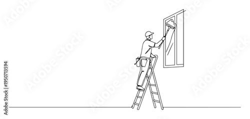 man cleaning window with ladder line art