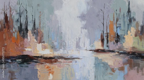Abstract landscape painting reflecting on water in muted tones