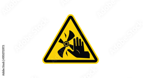 Close-up of a yellow warning sign with a black hand and fan symbol on a white background.