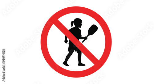 A black silhouette of a child holding a tennis racket within a red prohibition sign on a white background.