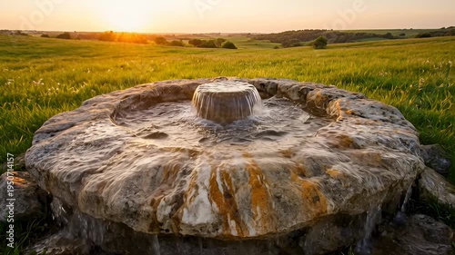 Ancient Stone Water Fountain in Open Field at Sunset with Warm Lighting and Natural Landscape