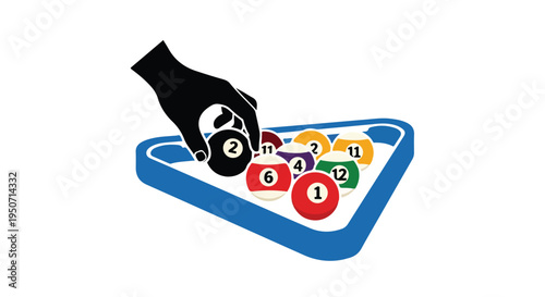 A hand placing a black ball on a blue and white game board with colorful balls, against a clean white background.
