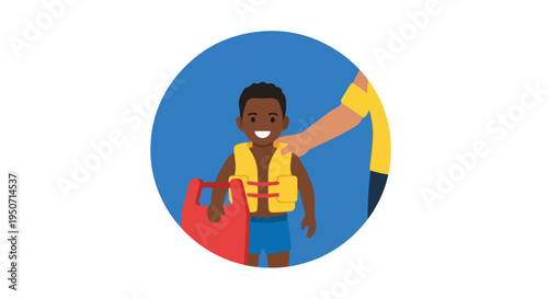 Illustration of a smiling young black man wearing a life jacket and holding a gas can on a blue background with a yellow arm.