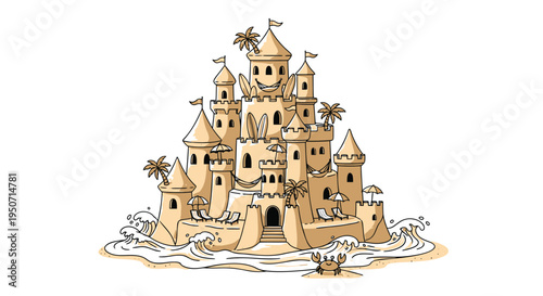 Vector sand castle illustration with palm trees