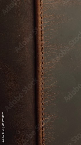 brown aged leather surface with vertical stitched seam.