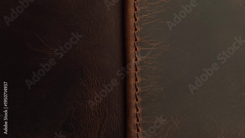 brown aged leather surface with vertical stitched seam.