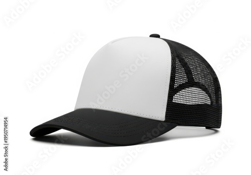 Black and white baseball cap with mesh back on white background