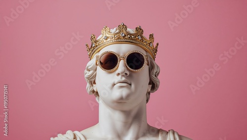 Statue wearing sunglasses and a crown against a pink background during a creative art display