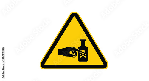 Yellow triangular warning sign with a black border and a graphic of a hand holding a poison bottle on a white background.