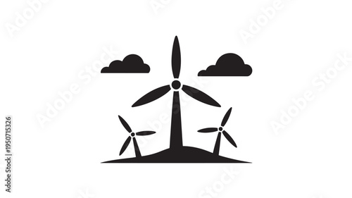 Wind Turbine Icon Black Silhouette Renewable Energy Turbines On Hill With Clouds Isolated On White Background