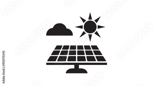Solar Panel Icon With Sun And Cloud Black Silhouette Renewable Solar Energy System Isolated On White Background