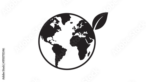 Eco Earth Globe With Leaf Icon Black Silhouette Isolated On White Background For Environmental Sustainability Concept