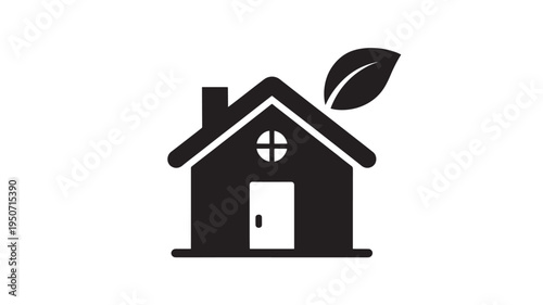 Eco House With Leaf Icon Black Silhouette Sustainable Home Symbol Isolated On White Background