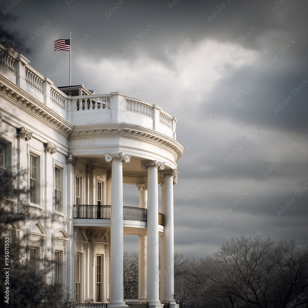 Obraz premium The White House South Portico under a dramatic stormy sky with the American flag waving. Patriotic architectural photography of the United States presidential residence in Washington DC