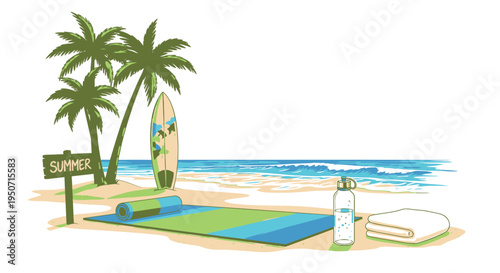 Vector illustration of yoga mat, surfboard and accessories on beach