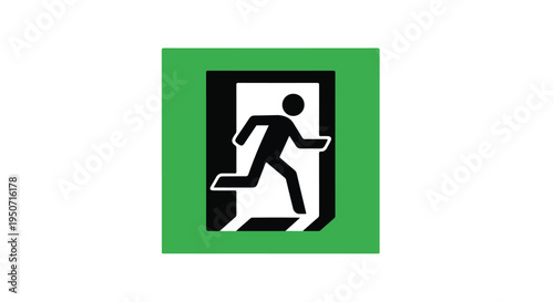 A green and black pictogram of a person running out of a door, indicating an emergency exit in a simple graphic style.