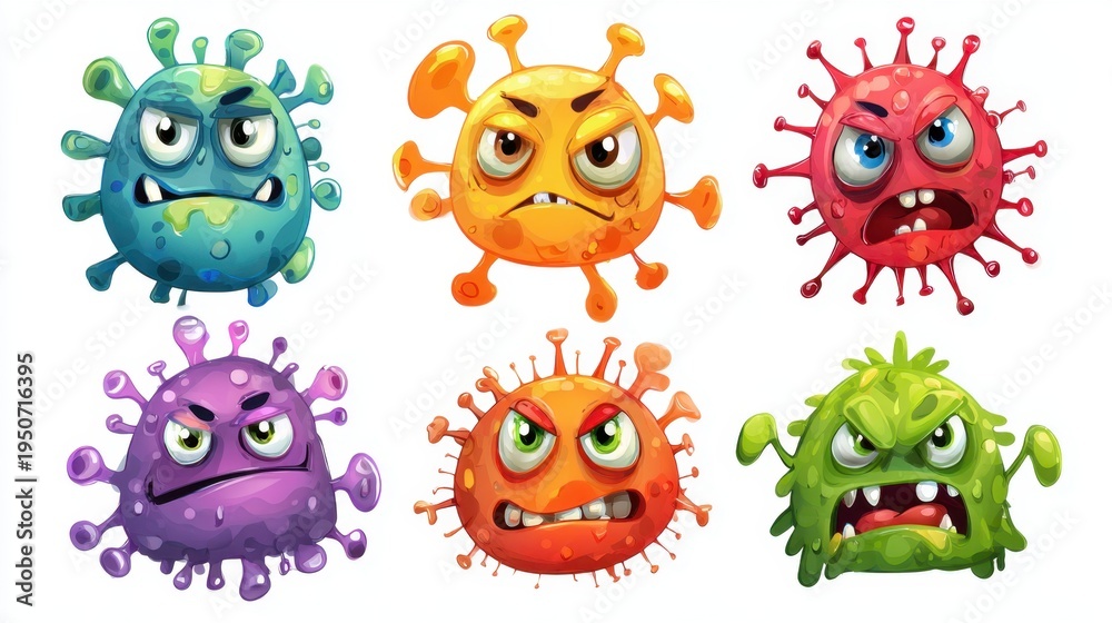 Obraz premium Angry cartoon microbes exhibiting hostile expressions on white