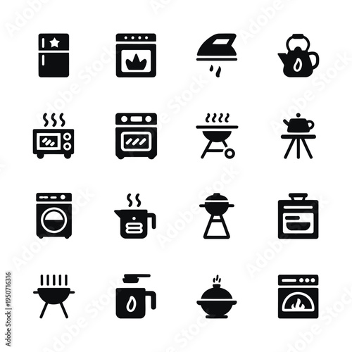A clean, minimalist icon set depicting various kitchen appliances and cooking devices, perfect for food blogs, recipe websites, and culinary-themed projects.