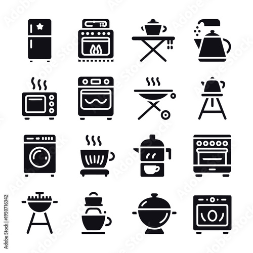 A collection of kitchen appliance icons, featuring refrigerators, ovens, microwaves, coffee makers, and grills, presented in a clean, modern, and minimalist black silhouette style on a white